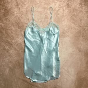 Vintage 90s La Mouette Blue Micro Mini Lingerie Slip Dress Satin Lace Romantic